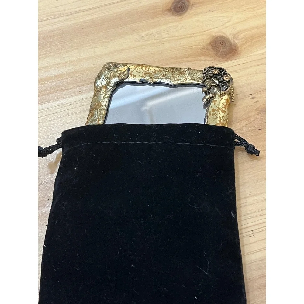 Signed Ettie Artisan Mirror Gold Leaf‎ Smoky Topaz Crystals Vanity Compact